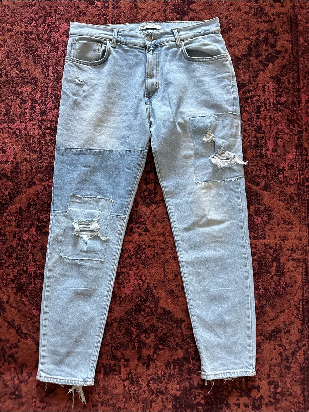 Zara Women’s Distressed Light Wash Denim Jean Grunge Patchwork Frayed Hems 34x28